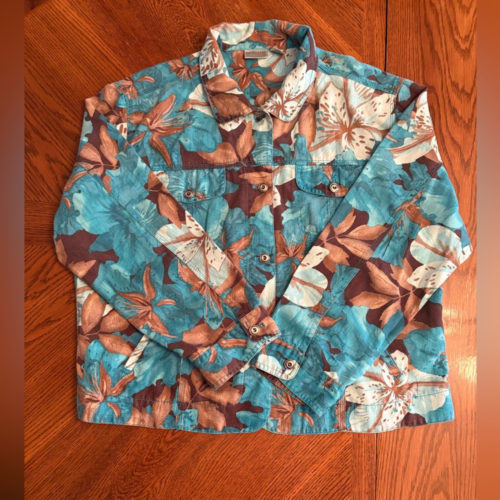 Chico's Teal and Brown Floral Jacket